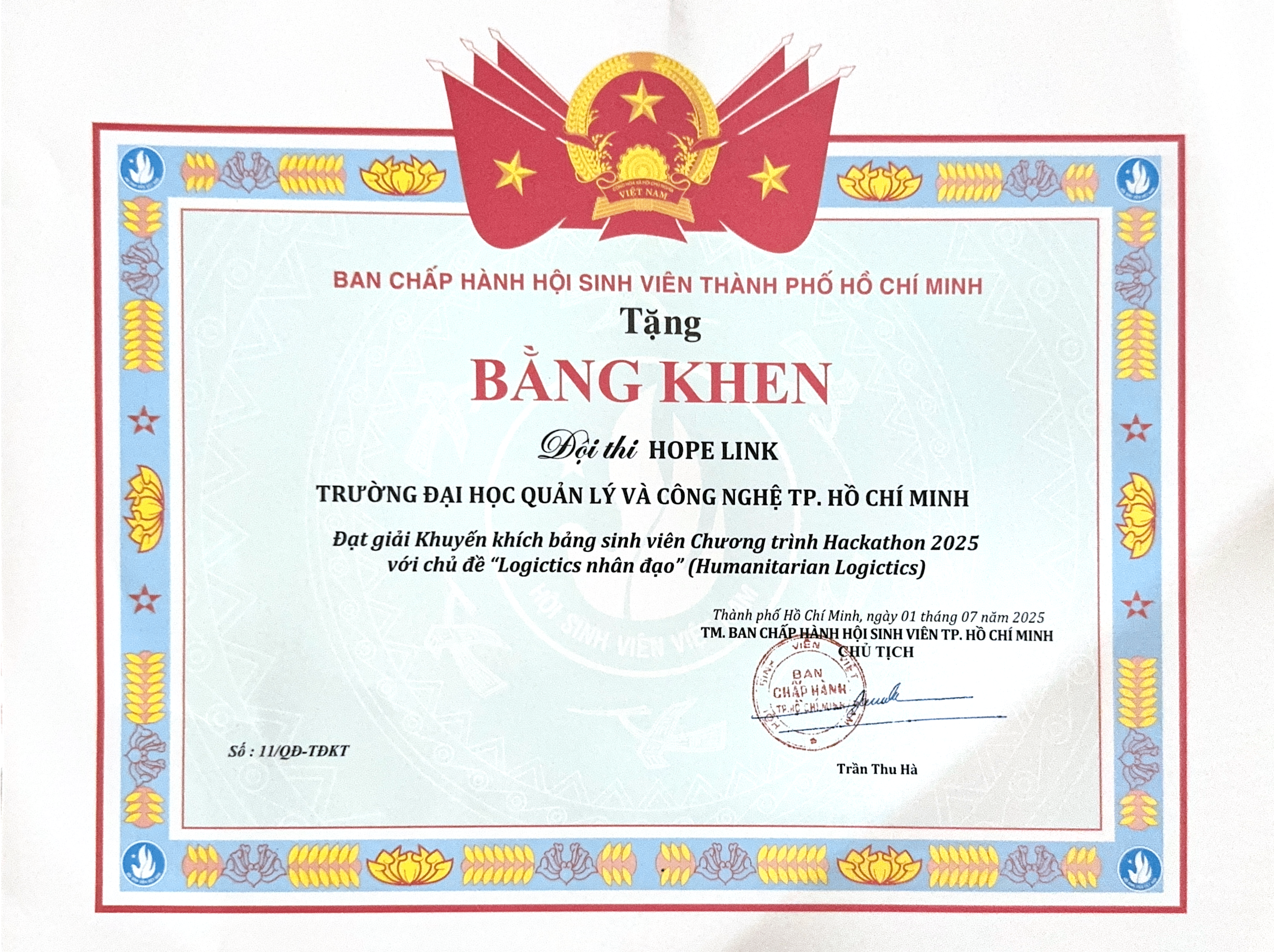 Bằng khen Giải Khuyến khích Hackathon Logistics nhân đạo 2025