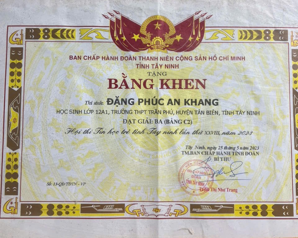 Bằng khen Tin học trẻ Tây Ninh 2023