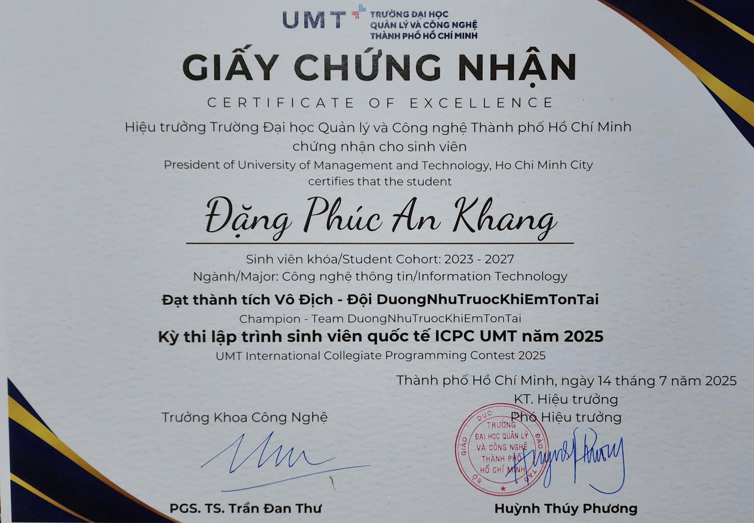 Giấy khen Vô địch ICPC UMT 2025