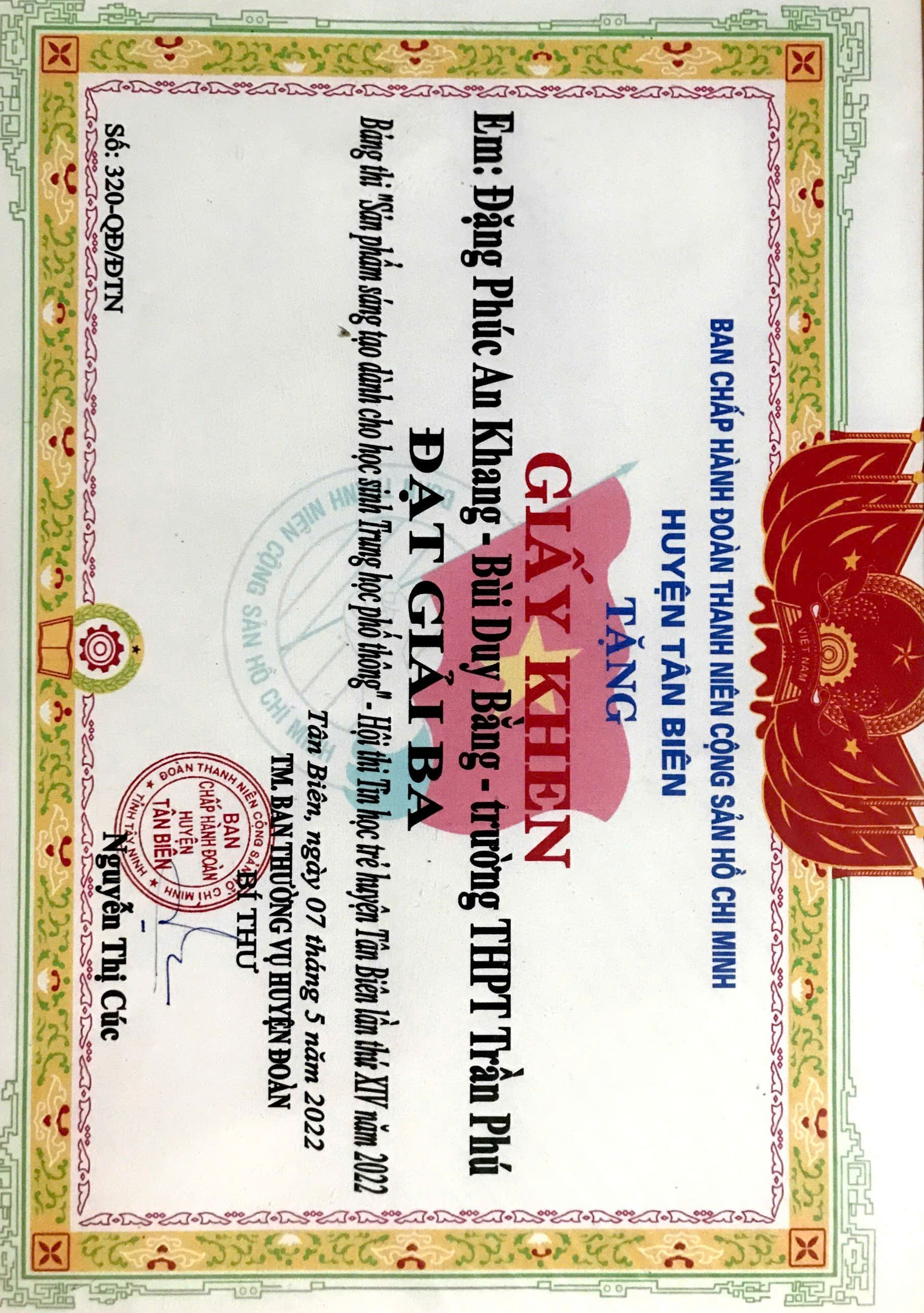 Giấy khen Tin học trẻ Tân Biên 2022