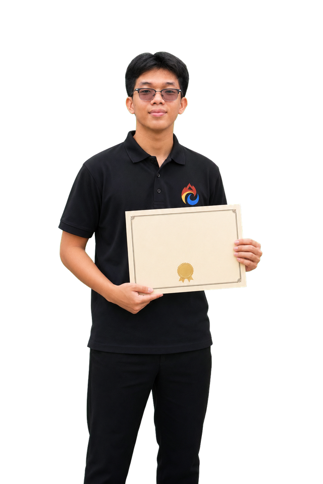 Khang proudly presenting an achievement certificate