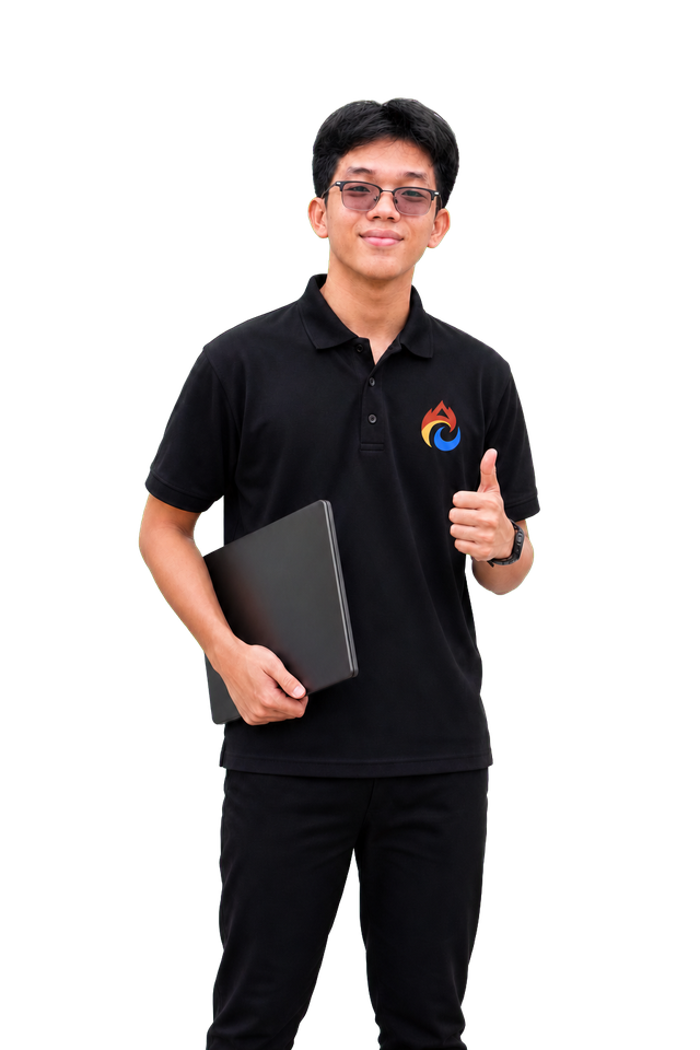 Khang smiling with a laptop beside the system overview